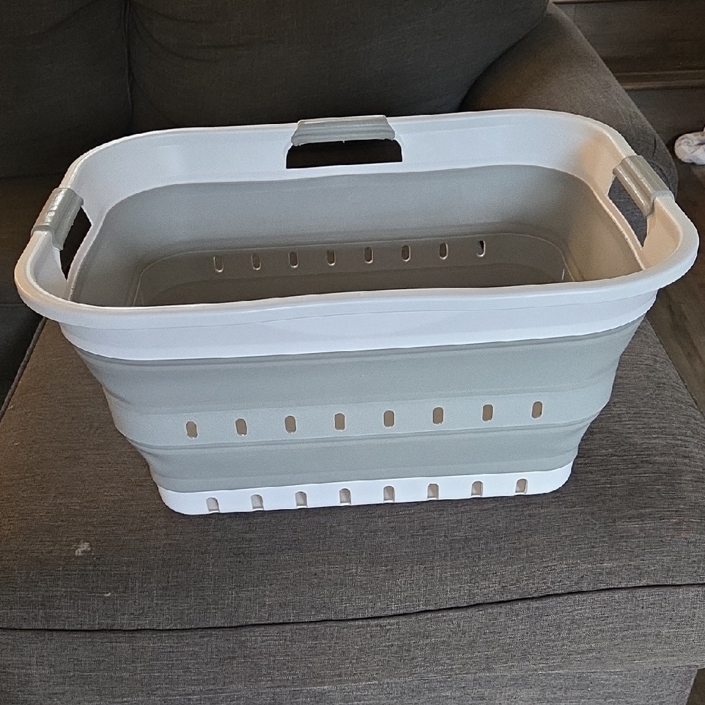 Collapsible Gray and White Laundry Basket